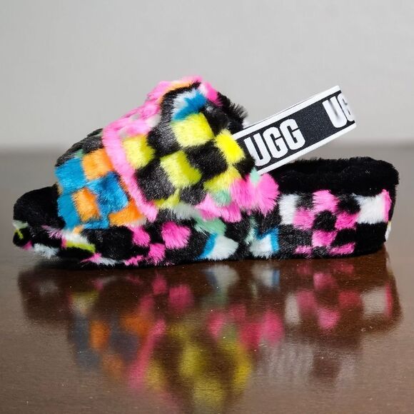 UGG Fluff Yeah Slide Sandal Women's Size 6 Checkered Faux Fur Black White Pink - Picture 9 of 13